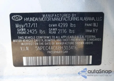 2011 Hyundai Sonata Se z USA, uszkodzony, nr VIN 5NPEC4AC6BH303416